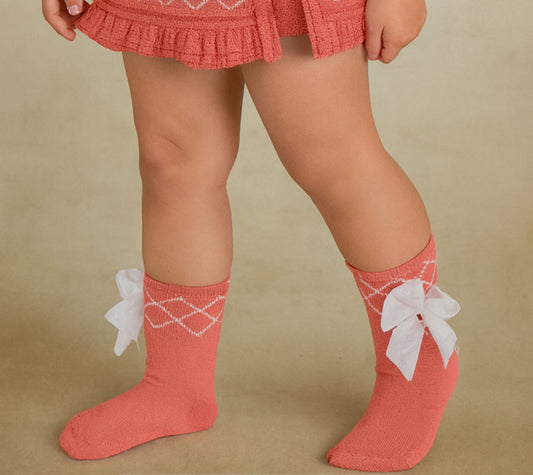 PRE ORDER New In Rahigo SS26 Tulle Bow Socks (Salmon White)
