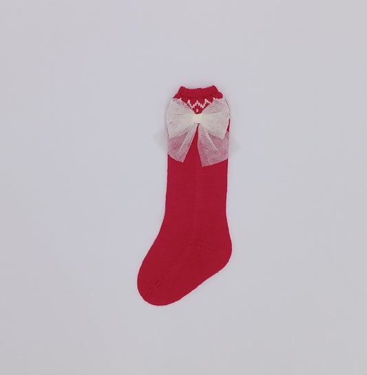 PRE-ORDER New In Rahigo AW25 Socks w/ Tulle Bow - *RED - CREAM*