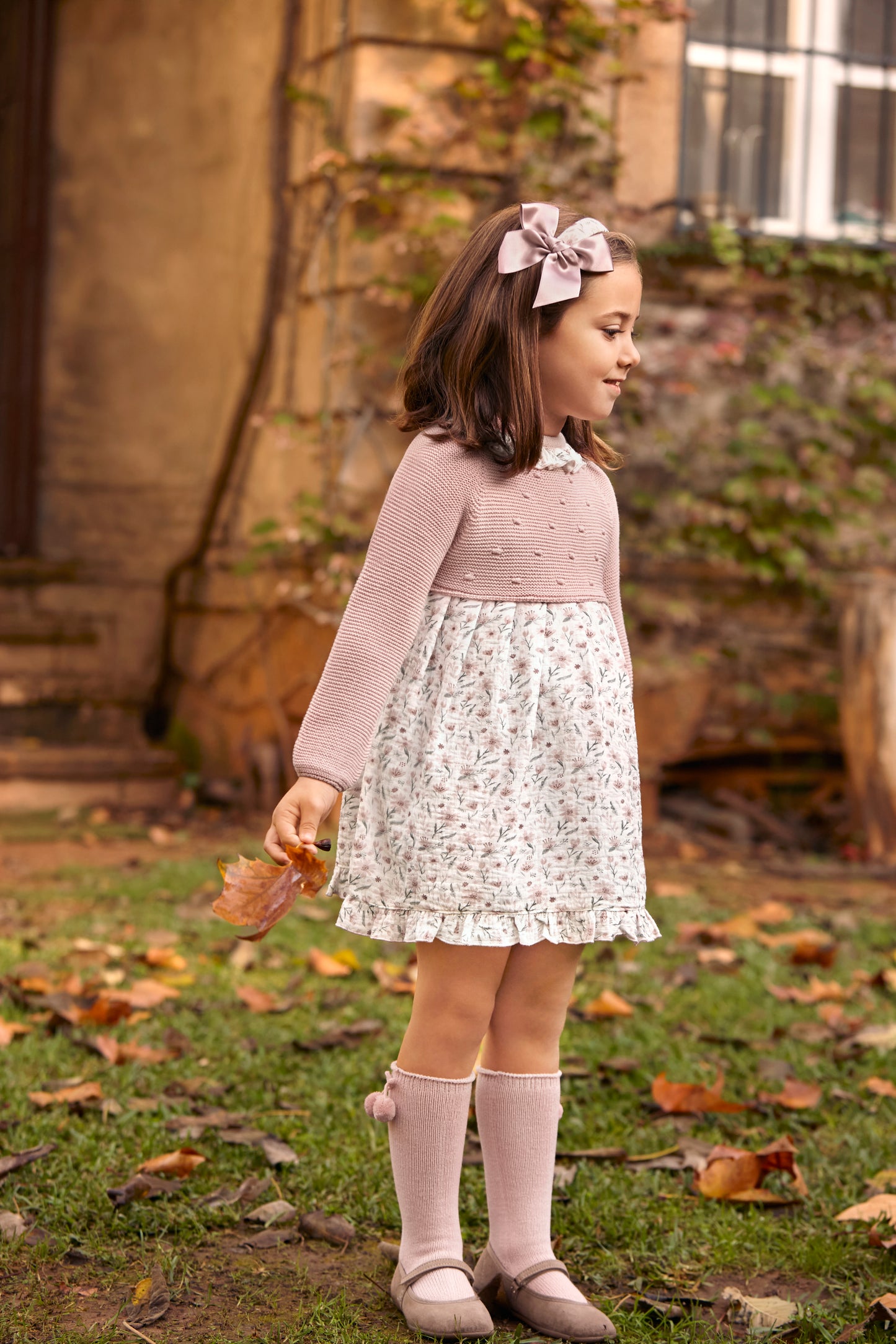 New In Juliana Girls Knitted Raised Dot Body Dress w/ Floral Skirt