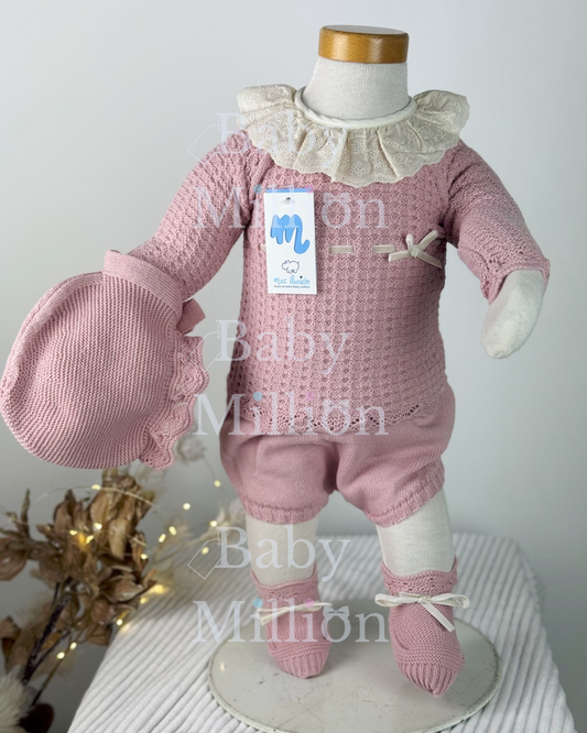 New In Mac Illusion Girls Sweater w/ Ruffle Lace Collar & Jam Pants, Hat & Booties