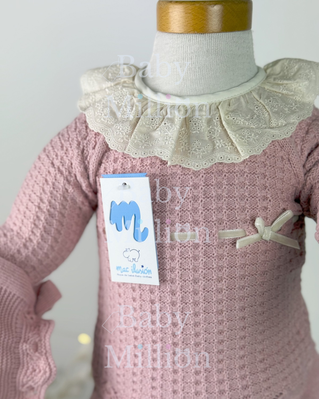 New In Mac Illusion Girls Sweater w/ Ruffle Lace Collar & Jam Pants, Hat & Booties