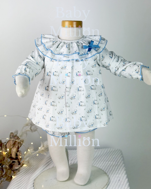 New In Mac Illusion Girls Cotton Printed Dress w/ Ruffle Neckline, Bow & Culotte