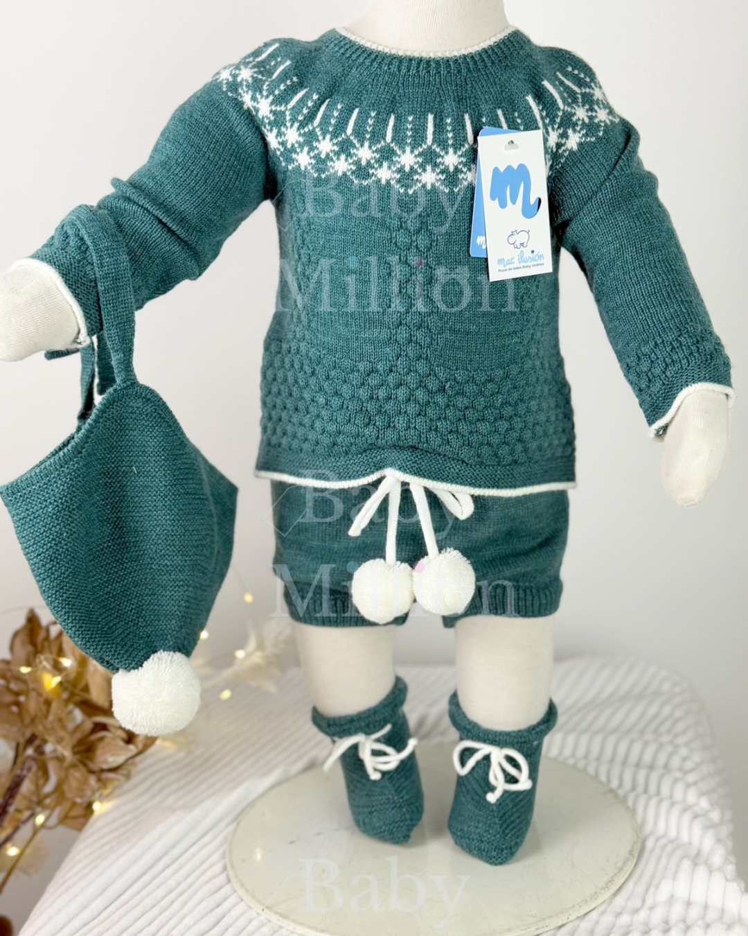 New In Mac Illusion Knitted Jacquard Sweater & Shorts w/ PomPom Hat & Booties