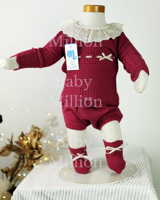 New In Mac Illusion Girls Sweater w/ Ruffle Lace Collar & Jam Pants, Hat & Booties