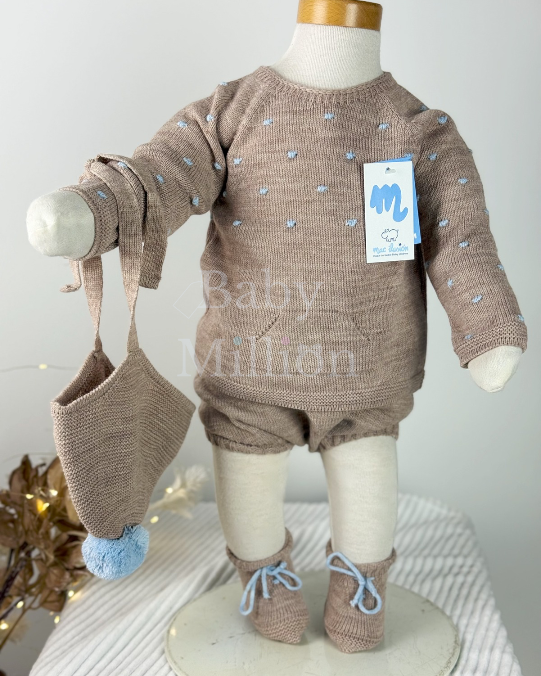 New In Mac Illusion Boys Dotted Sweater & Jam Pants w/ PomPom Hat & Booties