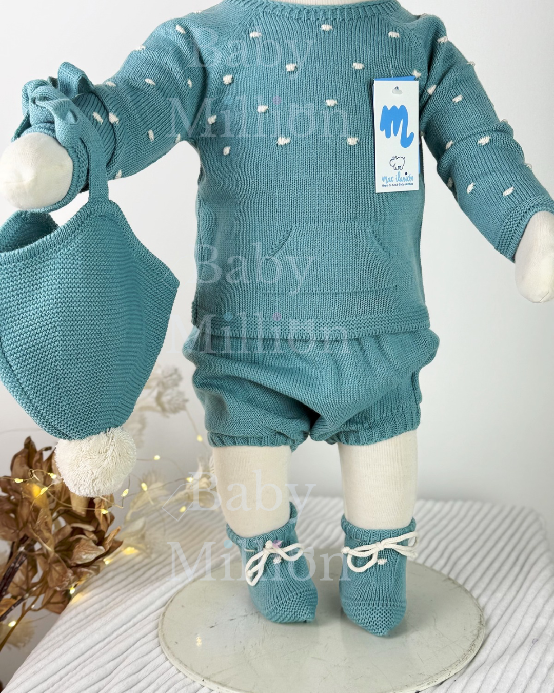 New In Mac Illusion Boys Dotted Sweater & Jam Pants w/ PomPom Hat & Booties