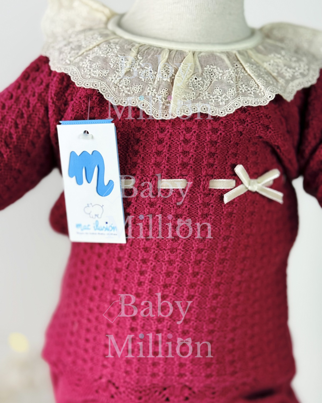 New In Mac Illusion Girls Sweater w/ Ruffle Lace Collar & Jam Pants, Hat & Booties